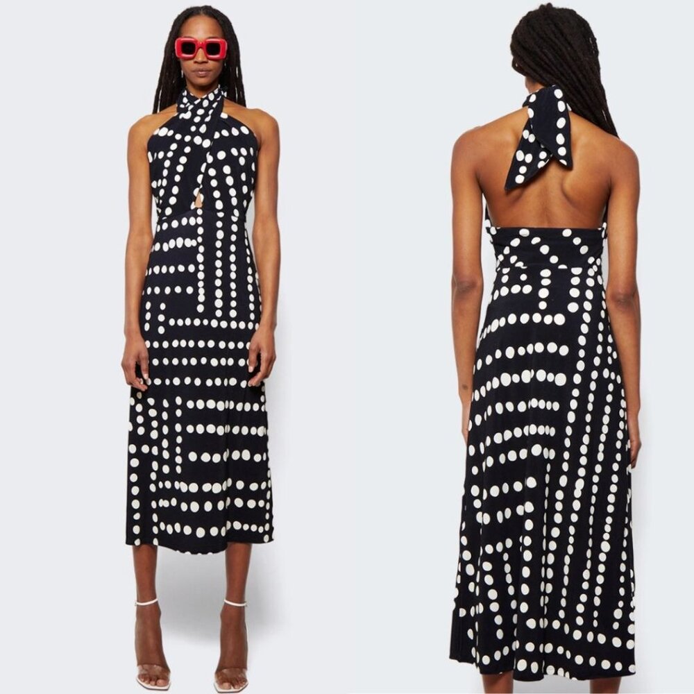 Johanna Ortiz Equatoria Rhythms Midi Dress Black And Ecru Polka Dot Halter Neck - Picture 2 of 16